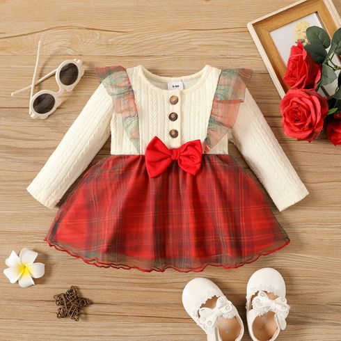 Christmas Baby Girl Solid Cable Knit Long-sleeve Spliced Red Plaid Mesh Dress