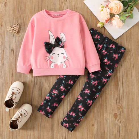 2pcs Toddler Girl Cute Rabbit Print Bowknot Design Sweatshirt and Floral Print Leggings Set
