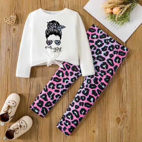 2pcs Toddler Girl Character Print Tie Knot Long-sleeve Tee and Leopard Print Leggings Set