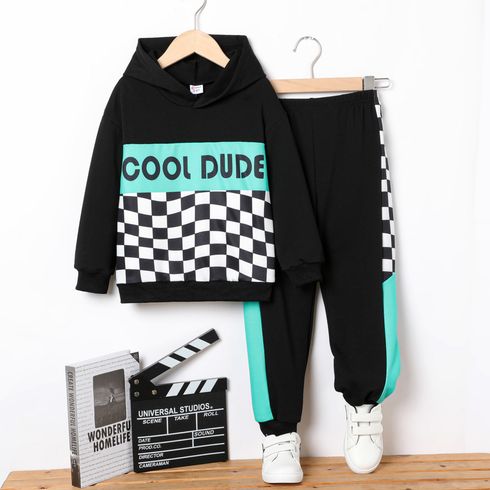 2pcs Kid Boy Letter Print Plaid Colorblock Hoodie Sweatshirt and Pants Set