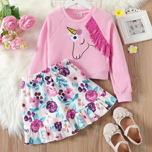 2pcs Kid Girl Unicorn Embroidered Tasseled Fleece Sweatshirt and Floral Print Skirt Set