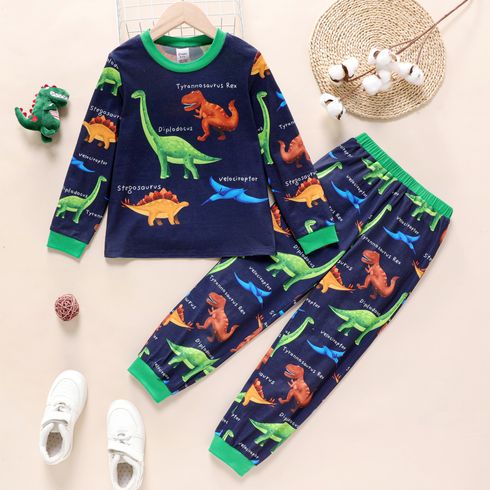 2pcs Kid Boy Dinosaur Print Colorblock Long-sleeve Tee and Pants Pajamas Sleepwear Set
