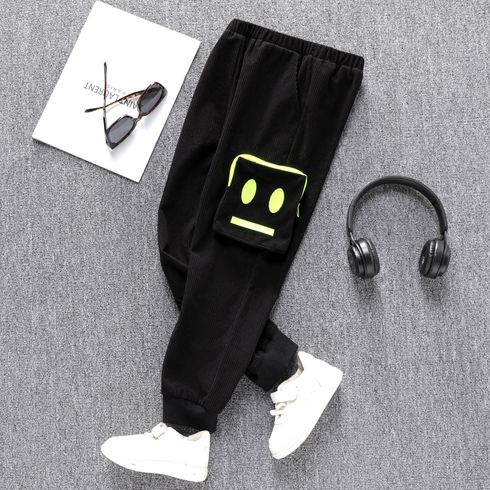 Kid Girl Face Graphic Print Pocket Design Corduroy Cargo Pants