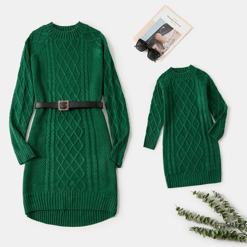 Mommy and Me Dark Green Cable Knit Long-sleeve Sweater Dress