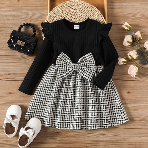 Toddler Girl Big Bowknot Design Tweed Plaid Splice Ruffled Long-sleeve Dress