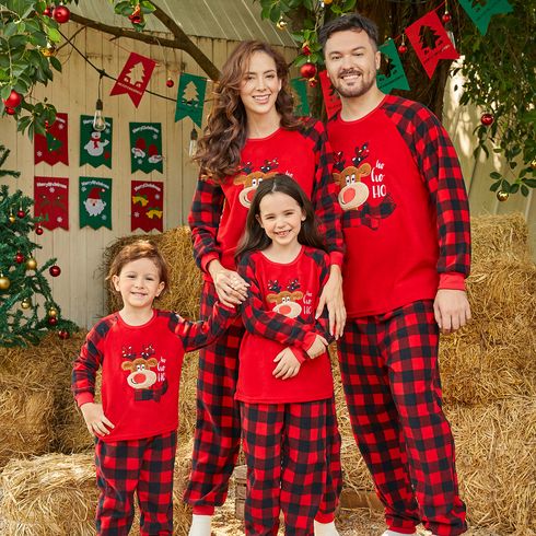 Christmas Family Matching Reindeer Embroidered Red Plaid Raglan-sleeve Thickened Polar Fleece Pajamas Sets (Flame Resistant)