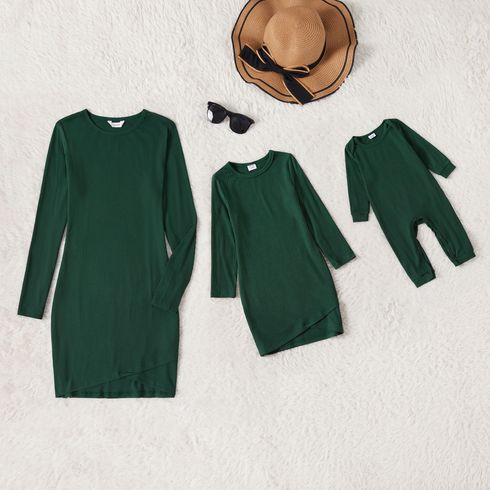 Mommy and Me Dark Green Rib Knit Long-sleeve Tulip Hem Bodycon Dress