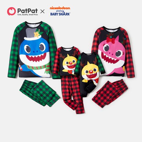 Baby Shark Family Matching Cartoon Shark Print Christmas Plaid Long-sleeve Pajamas Sets (Flame Resistant)
