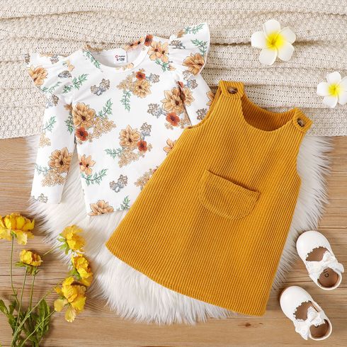 2pcs Baby Girl Allover Floral Print Ruffle Long-sleeve Top and Solid Corduroy Overall Dress Set