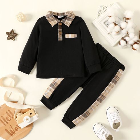 2pcs Baby Boy Plaid Collar Button Front Black Long-sleeve Top and Pants Set