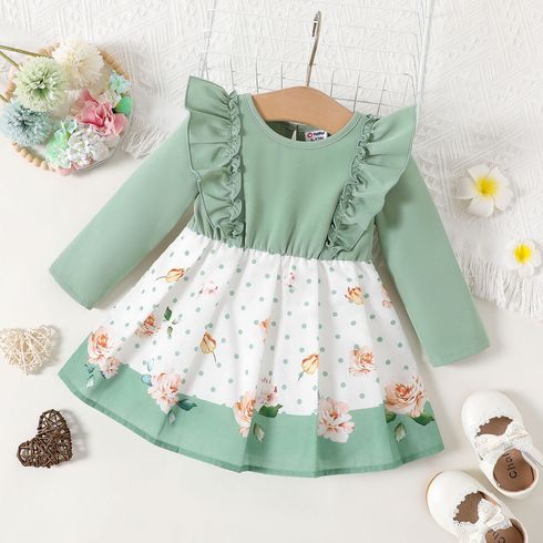 Baby Girl Green Ruffle Trim Long-sleeve Spliced Dots & Floral Print Dress
