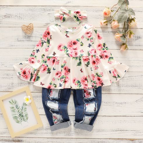 3pcs Toddler Girl Sweet Ripped Denim Jeans & Floral Print Tee and Headband Set