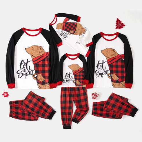 Christmas Family Matching Bear & Letter Print Raglan-sleeve Red Plaid Pajamas Sets (Flame Resistant)