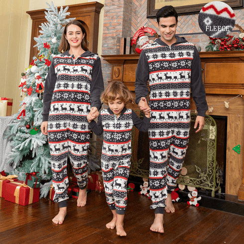 Christmas Print Family Matching Hooded Thickened Long-sleeve Polar Fleece Onesies Pajamas Sets (Flame Resistant)