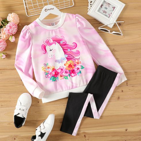 2pcs Kid Girl Unicorn Floral Print Sweatshirt and Colorblock Leggings Set