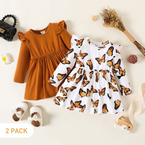 2-Pack Baby Girl Allover Butterfly Print and Solid Ruffle Long-sleeve Dresses Set