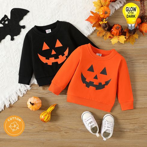 Halloween Baby Boy/Girl 100% Cotton Long-sleeve Glow In The Dark Pumpkin Face Print Sweatshirt