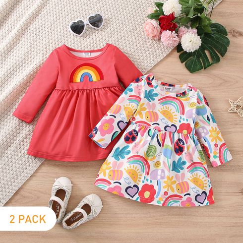 2-Pack Baby Girl Rainbow and Graffiti Floral Print Long-sleeve Dresses Set