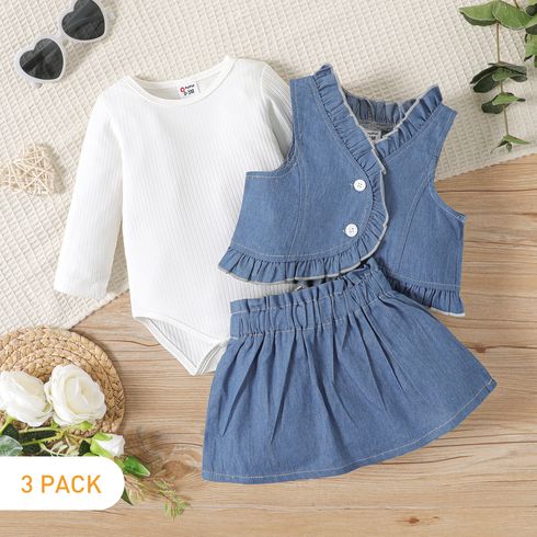 3-Pack Baby Girl Solid Rib Knit Long-sleeve Romper and Imitation Denim Frill Trim Vest with Skirt Set
