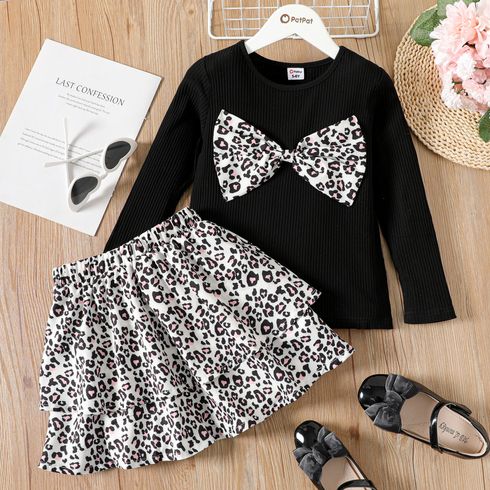 2pcs Kid Girl 3d Bowknot Design Long-sleeve Tee and Leopard Print Skirt Set