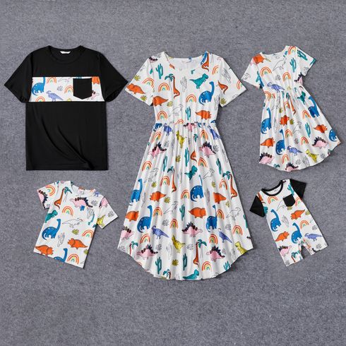 Family Matching Allover Colorful Dinosaur Print Dresses and Short-sleeve T-shirts Sets
