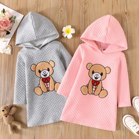 Toddler Girl Bear Embroidered Textured Hooded Sweatshirt Dress