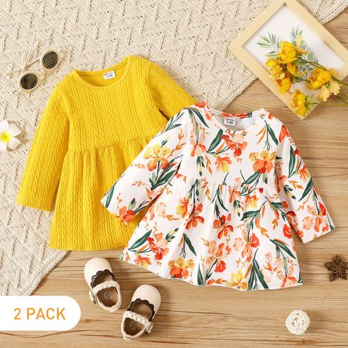 2-Pack Baby Girl Solid Textured and Allover Floral Print Long-sleeve Dresses Set