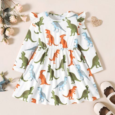 Toddler Girl Colorful Dinosaur Print Ruffled Long-sleeve Dress