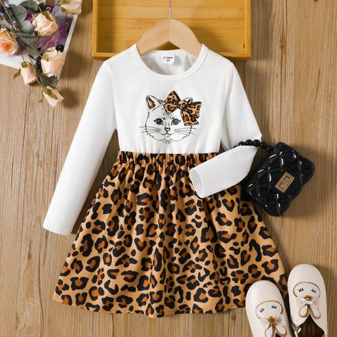 Toddler Girl Cat Leopard Print Splice Long-sleeve Dress