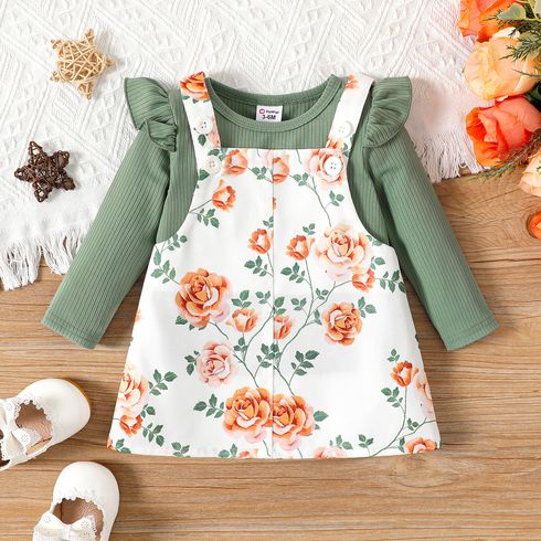 2pcs Baby Girl Solid Ribbed Ruffle Long-sleeve Top and Floral Print Overall Dress Set
