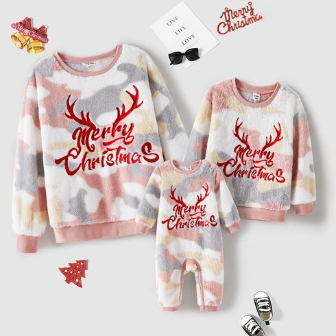 Christmas Mommy and Me Antler & Letter Embroidered Camo Fuzzy Long-sleeve Sweatshirts