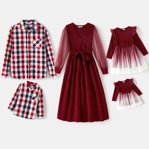 Family Matching 100% Cotton Plaid Shirts and Solid Rib Knit Surplice Neck Mesh Long-sleeve Dresses Sets