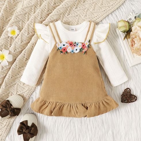 2pcs Baby Girl 95% Cotton Ribbed Ruffle Long-sleeve Romper and Floral Embroidered Ruffle Hem Corduroy Cami Dress Set