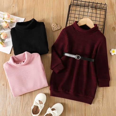 Toddler Girl Solid Color Turtleneck Ribbed Sweater Dress (Belt is not included) Burgundy big image 2