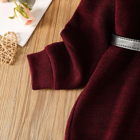 Toddler Girl Solid Color Turtleneck Ribbed Sweater Dress (Belt is not included) Burgundy big image 3