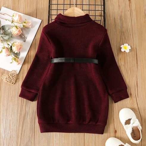Toddler Girl Solid Color Turtleneck Ribbed Sweater Dress (Belt is not included) Burgundy big image 5