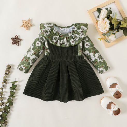 2pcs Baby Girl Allover Floral Print Ruffle Collar Top and Solid Overall Dress Set