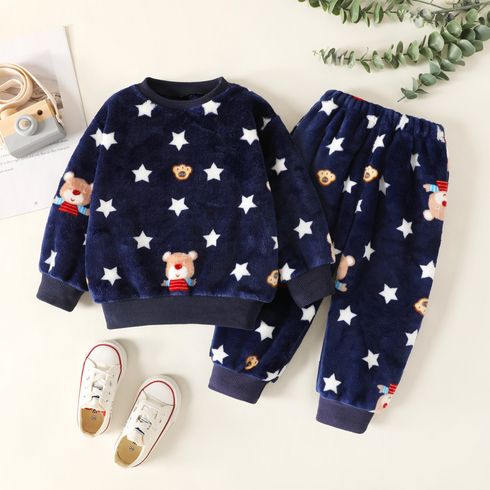 Toddler 2pcs Bear and Star Allover Flannelette Long-sleeve Set