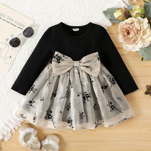 Baby Girl Solid Long-sleeve Spliced Flocking Floral Bow Front Dress