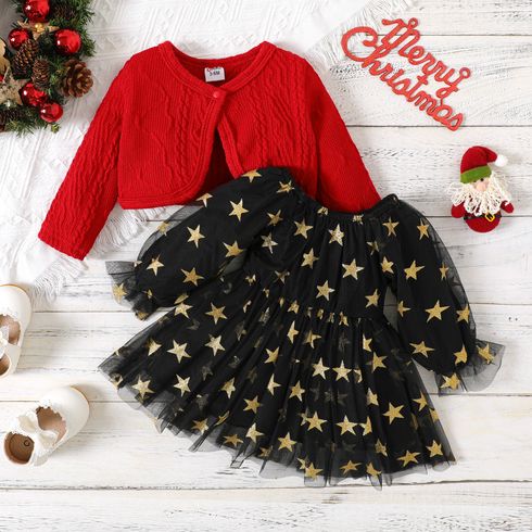 Christmas 2pcs Baby Girl Allover Glitter Stars Print Long-sleeve Mesh Dress and Solid Textured Cardigan Set