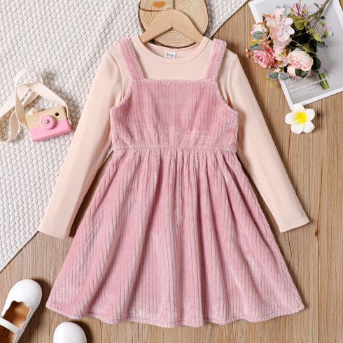 2pcs Kid Girl Long-sleeve Ribbed Tee and Fuzzy Overall Dress Set