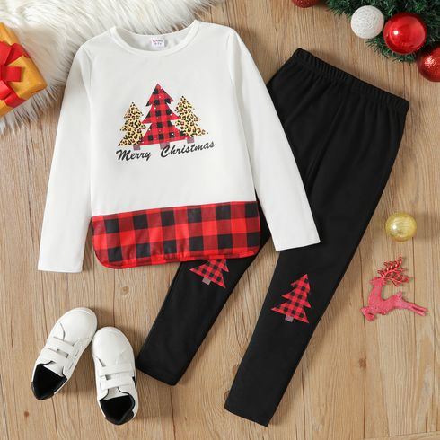 2pcs Kid Girl Christmas Plaid Splice Long-sleeve Tee and Elasticized Leggings Set