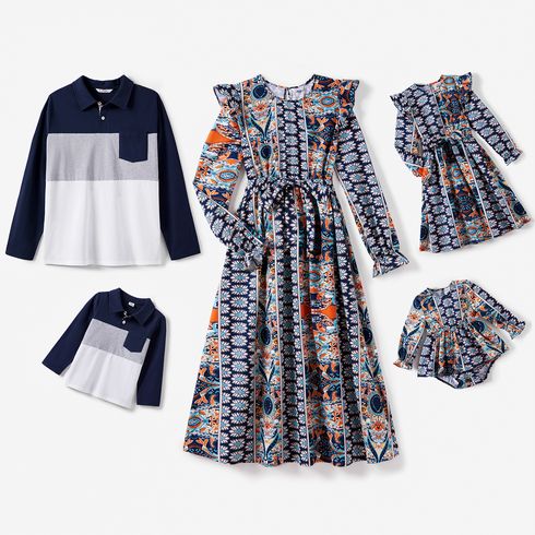 Family Matching Allover Floral Print Ruffle Long-sleeve Belted Dresses and Cotton Colorblock Polo Shirts Sets