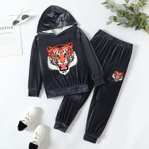 2pcs Kid Boy Animal Tiger Print Velvet Hoodie Sweatshirt and Pants Set