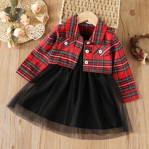 2pcs Toddler Girl Trendy Mesh Splice Cami Dress and Plaid Jacket Set
