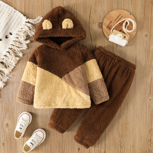 2pcs Toddler Boy Colorblock Hoodie Sweatshirt and Brown Pants Set