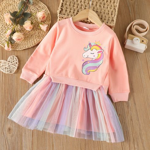Toddler Girl Sweet Faux-two Unicorn Print Mesh Splice Dress
