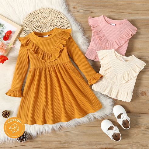 Toddler Girl Ruffled Solid Color Ribbed Long-sleeve Cotton Dress
