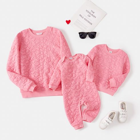 Mommy and Me Pink Heart Textured Long-sleeve Sweatshirts