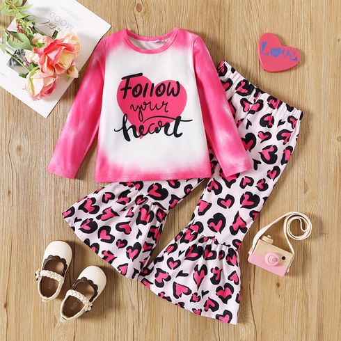 2pcs Toddler Girl Valentine's Day Heart Print Long-sleeve Tee and Leopard Print Flared Pants Set